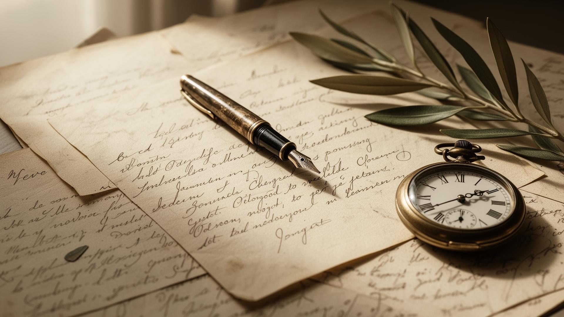 Vintage handwritten letters with a fountain pen, brass pocket watch and dried olive branch in soft window light